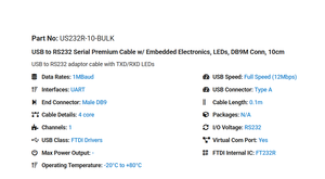 Câble USB vers RS232 Série Premium US232R-10-BULK, Connecteur DB9M, 1m avec LED TXD/RXD 10cm US232R100BULK - Product Image 2