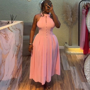 Moda Femminile Europea e Americana 2026, Nuovo Elegante Abito Estivo Rosa a Mezza Lunghezza con Collo Halter, Senza Maniche e Vita Stretta - Product Image 3