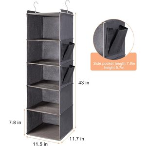 Hanging Closet Organizer 5 Tier With 2 Side Pockets <b>Foldable</b> Storage For Bedroom Clothing Grey - Product Image 3