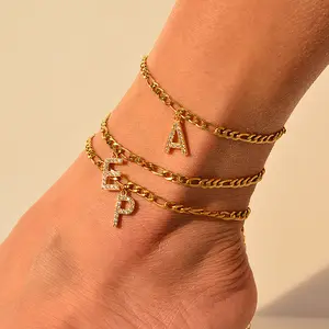 Pulseira inicial de aço inoxidável feminina, bracelete de joias com corrente dourada feita em aço inoxidável de diamante figaro para mulheres, corrente de tornozeleira cubana, 2021