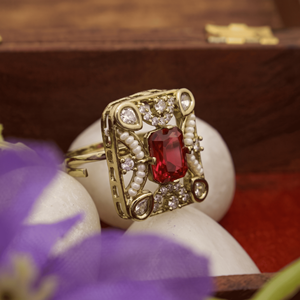 Traditional Antique Gold Plated Square Kundan Pearl <b>Ring</b> With <b>Ruby</b> Red Gemstone <b>For</b> <b>Women</b> Jewellery - Product Image 3