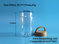 Pot rond en plastique PET de 850 ml avec couvercle en aluminium et poignée pour le stockage de salades, de sucre, de collations, de bonbons, de biscuits, de chocolat