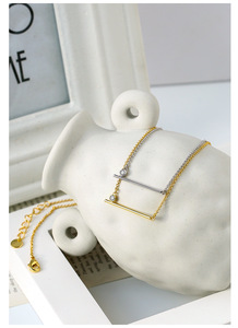 Minimalist Geometric Link <b>Chain</b> Pendant Necklace 18K Gold-Plated Brass Horizontal Bar Design Claw Setting Zircon 20-inch Unisex - Product Image 4