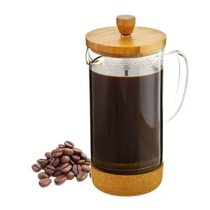 Pembuat kopi tekan Prancis borosilikat kaca, pembuat kopi tekan Prancis dan pembuat teh kopi French Press dengan tutup bambu