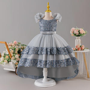 فستان أطفال طويل بذيل مزين بالترتر رائج البيع، فستان أميرة بفيونكة، فستان بنات لامع متعدد الطبقات لحفلات الزفاف - Product Image 5