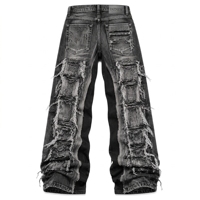 Jean baggy noir délavé pour homme avec déchirures en échelle sur toute la surface, double étiquette, coupe large empilée, OEM