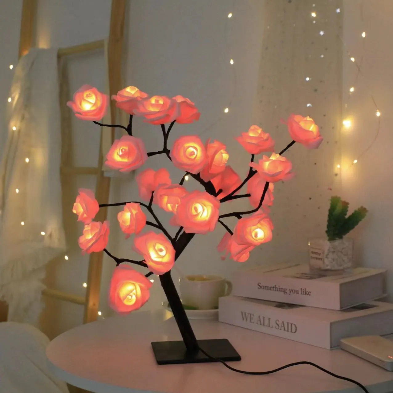 Nhà sản xuất ánh sáng Quà tặng USB pin cắm giáng sinh cây nhân tạo đèn đêm Đèn Rose Flower Blossom LED Rose Tree ánh sáng