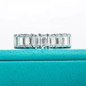 Classic Wedding Rings Rhodium Plated 925 Sterling Silver Engagement VVS Emerald Moissanite Eternity Band