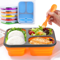 Boîte à lunch en silicone à 3 compartiments, récipient de stockage alimentaire avec cuillère, boîte à lunch pliable pour enfants, boîte à lunch bento pliable