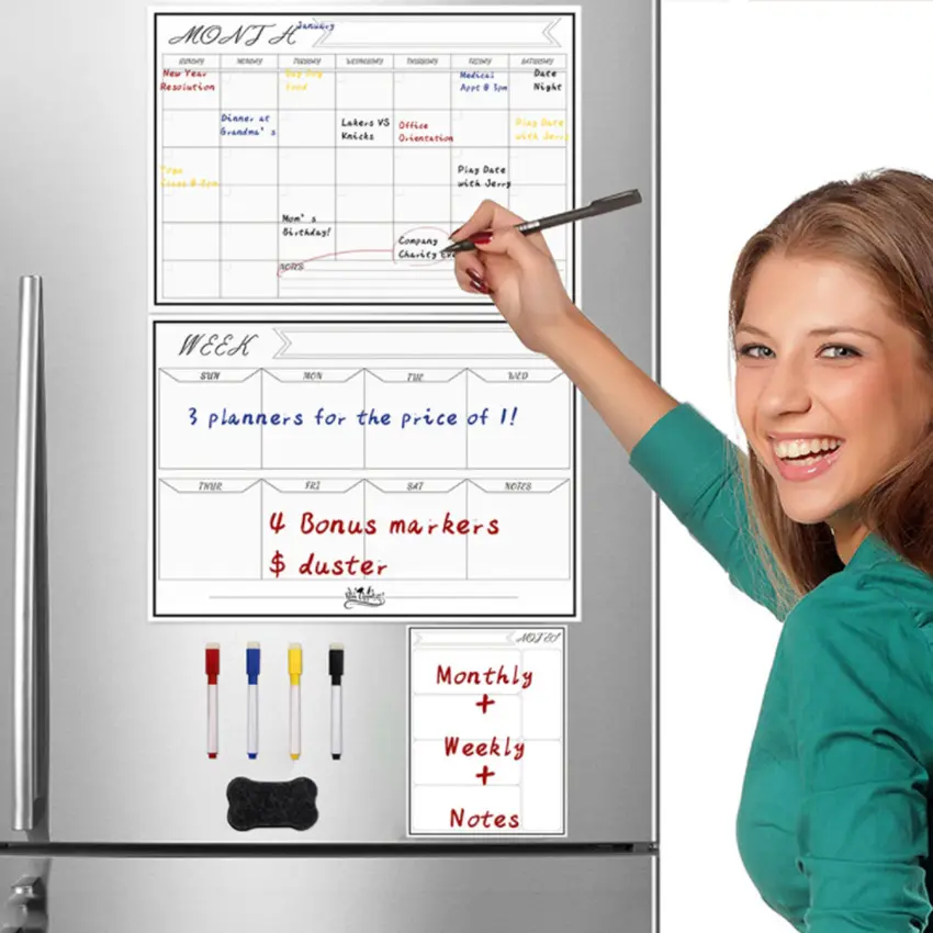 Autocollants de message de calendrier magnétique effaçable à sec personnalisés Tableau blanc Aimant de réfrigérateur Flexible Quotidien Hebdomadaire Autocollants magnétiques de logo PET