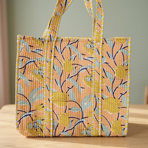 Dot Quilted Cotton Fabric Fashion Tote <b>Bag</b> Medium Size Long Handle Back Zip Shopping <b>Bag</b> Daily Use Orange Yellow Pattern - Product Image 2