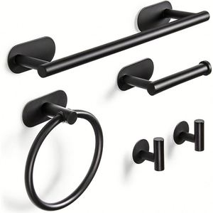 Ensemble d'accessoires de salle de bain en argent, 6 pièces, à fixer au mur, comprenant un porte-papier toilette, un anneau porte-serviette, une barre porte-serviette et un crochet mural - Product Image 2