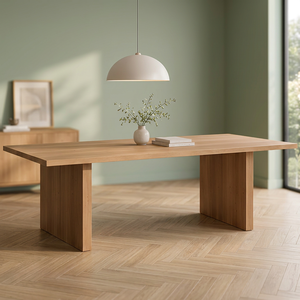 Mesa de Comedor Moderna de Madera de Teca con Patas de Panel Grueso y Sólido - Product Image 1