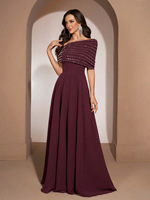 Robe de soirée élégante en mousseline de soie couleur unie avec strass thermocollés pour femme