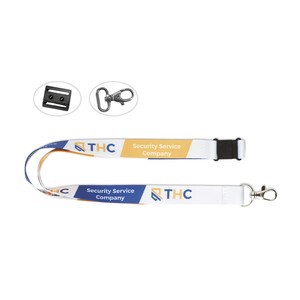 Cordino in nylon THC con logo aziendale stampato, moschettone girevole in metallo e clip di sicurezza a sgancio rapido - Product Image 1