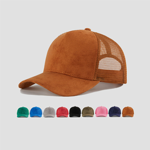 Casquettes de baseball trucker en daim à 5 panneaux personnalisées en gros, casquettes noires de haute qualité avec logo brodé - Product Image 2