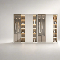 Système de dressing moderne de luxe avec portes en verre fumé, cadre foncé et éclairage intérieur LED chaud