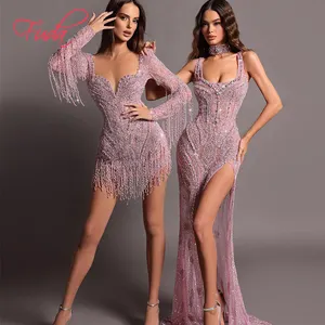 FUDA C293 Mujer Nueva llegada 2024 Vestido Elegante Sexy Manga larga Mujer Oro Diamante Vestido de noche