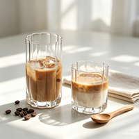Verre à café à bord floral et nervures verticales, en verre transparent, pour café glacé, latte, jus et autres boissons