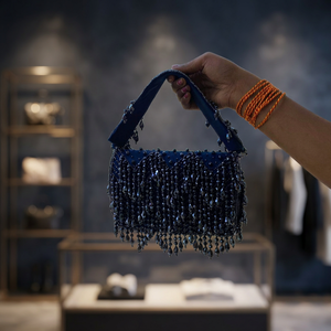 Best Quality Classic Blue Embroidered Aura Indian Wedding Clutch Bag with Ring <b>Strap</b> and Pearl Decoration - Product Image 2