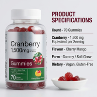Gummies à la canneberge en marque privée, OEM, véganes, sans gluten, saveur cerise et mangue, 70 gummies