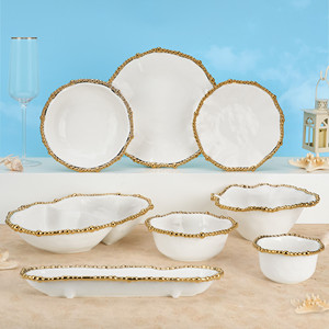 18-Piece handmade gốm trắng và vàng Bộ đồ ăn BPA miễn phí món ăn với Vàng Bead TRIM bữa ăn tối tấm và bát - Product Image 4