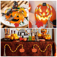 Guirlande de perles en bois d'automne avec étiquette en bois en forme de citrouille et feuille d'érable et pompon, ornement suspendu pour la récolte de Thanksgiving style ferme