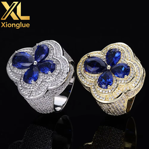 Men's Trendy Hiphop Customize <b>Ring</b> Copper Gold Plated Four Leaf Princess Cut Zircon Green Red Gemstone Flower <b>Iced</b> - Product Image 3