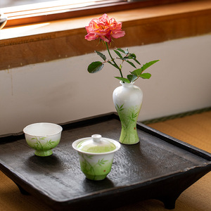 Green Glazed Porcelain Gaiwan With Lid Hand Painted Bamboo Kung Fu <b>Tea</b> <b>Set</b> Household <b>Tea</b> Bowl Teacup - Product Image 5