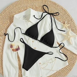 Bikini de Dos Piezas con Escote en V y Tirantes Triangulares, Traje de Baño Sólido de Tres Puntos con Tanga, Ecológico, de Spandex/Poliéster, Ideal para Aguas Termales - Product Image 5