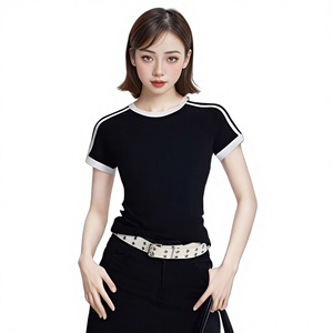 <span class=keywords><strong>Camiseta</strong></span> de Verano <span class=keywords><strong>2024</strong></span> para Mujer, Corte Ajustado, Retro, de Algodón y Elastano, Estilo Spice Girl, con Contraste de Color y Tres Rayas, Manga Corta - Product Image 1