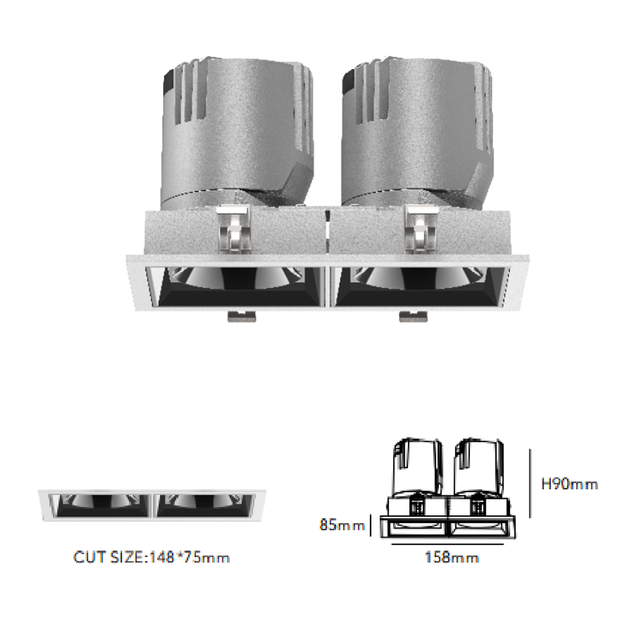 Architectural High CRI Anti-glare UGR<19 Square Shape 15° 24° 36° 55° Double Heads Downlight Hotel Villa