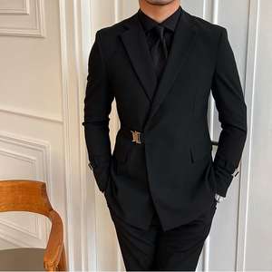 2025 costume d'affaires mince pour hommes en noir de haute qualité messieurs tenue de Banquet de mariage revers cranté Double évents bouton braguette pantalon - Product Image 5