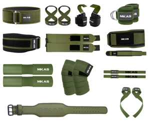 Ensemble de fitness MKAS vert avec logo personnalisé : Manchons de cheville et de genou, Bandes de poignet, Crochets de ceinture de musculation et Sangles de poignet - Product Image 1
