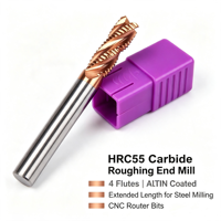 Fraise à dégrossir en carbure HRC55 à 4 cannelures, revêtement AlTiN, longueur étendue, bord ondulé, pour usinage CNC de l'acier