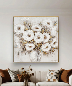Dipinto a Olio <span class=keywords><strong>di</strong></span> Bouquet Floreale Bianco Testurizzato, Arte Floreale 3D Dipinta a Mano <span class=keywords><strong>con</strong></span> Accenti Dorati, Quadro da Parete <span class=keywords><strong>con</strong></span> <span class=keywords><strong>Fiori</strong></span> in Vaso Senza Cornice - Product Image 2