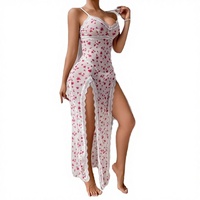 Pyjamas en tricot doux de style européen et américain pour l'été et le printemps, robe longue florale sexy, ensemble de vêtements de nuit en maille transparente avec fente