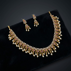 Handcrafted South Indian AD Stone Collar Necklace Set Pearl Bead Droplets <b>Ruby</b> Green Accents Festive Party Wear Jewelry Set - Product Image 3
