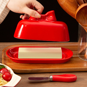Plat à beurre en céramique créatif avec nœud papillon, ovale, avec couvercle, rouge, 16,5 cm, vaisselle de cuisine, style nordique - Product Image 4