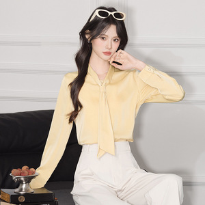 Yellow <b>Satin</b> Long Sleeve <b>Blouse</b> With Tie Neck Office Wear Women's Shirt Solid Color Polyester Q6256 - Product Image 4