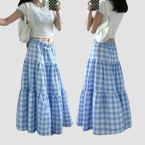 Jupe longue à carreaux bleus pour vacances d'été à la plage, taille élastique, taille haute, jupe midi, nouvelle arrivée, jupe midi de plage - Product Image 1