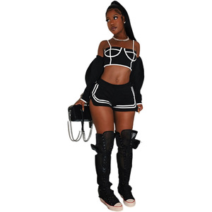 Nuovo Design alla Moda: Set Tre Pezzi da Donna con Top a Maniche Lunghe, Crop Top e <span class=keywords><strong>Shorts</strong></span> a Vita Media <span class=keywords><strong>Sexy</strong></span> - Product Image 5