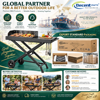 Chariot de barbecue pliable noir avec cadre en acier, roues et plateau extensible, portable pour la cuisson en extérieur