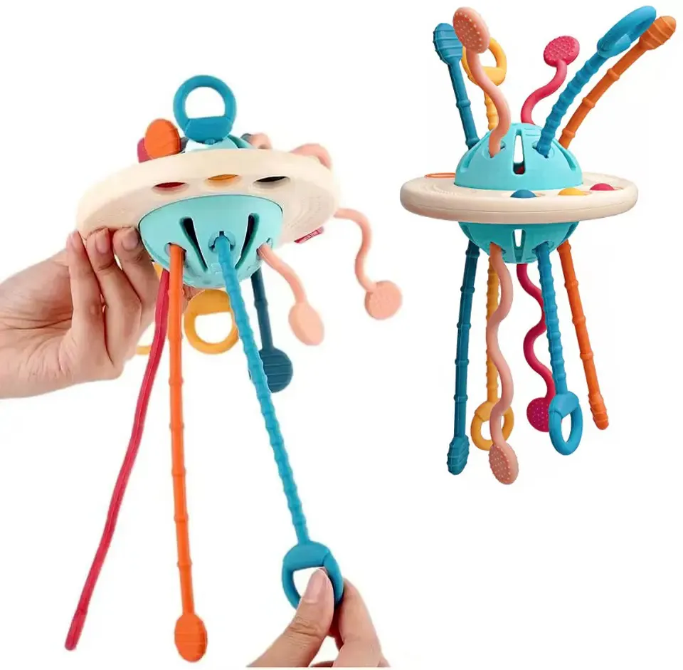 UFO çekme dize oyuncak erken eğitici oyuncak diş kaşıyıcı silikon bebek eğitim duyusal çocuk aktivite çıngırak diş çıkarma oyuncak