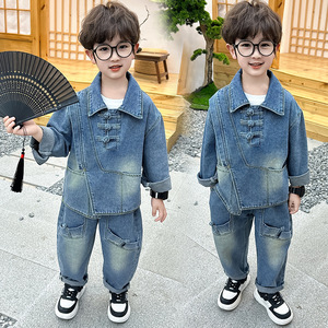 Veste en jean pour garçons, collection printemps-automne, teinte en pièce, ensemble tendance en fibre d'acétate, haut de style occidental à la mode - Product Image 2
