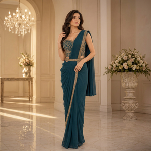 Elegant Teal Silk <b>Saree</b> With Gold Embroidery For Wedding Occasion Women Regular Fit Floor Length Sari From India And Pakistan - Product Image 1