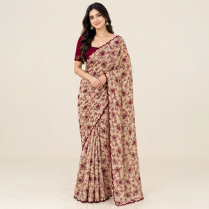 Sari en coton Khadi brodé de qualité supérieure avec un chemisier Bollywood uni, vêtements ethniques traditionnels, collection pour femmes - Product Image 1