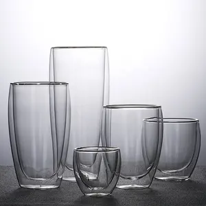 Tazas de café transparentes de alta calidad, taza de vidrio de doble pared de alta borosilicato para beber té