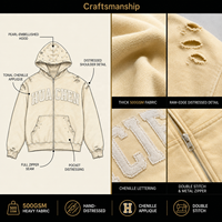 Vintage 500gsm Schwergewichts-Zip-Hoodie für Herren Distressed Zerrissen Applikation Stickerei Perlen Luxus Streetwear Maßgeschneidert Private Label
