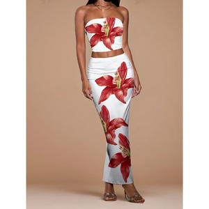 Conjunto de 2 Piezas de Falda Larga Ajustada con Estampado Floral para Mujer, a la Moda - Product Image 2